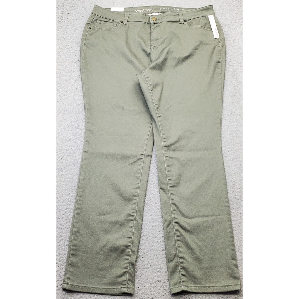 Westport Straight Pants Womens 16P Green Stretch Classic Fit High Rise 5 Pockets